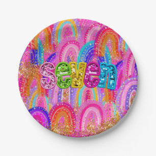 6th Birthday Rainbow Sequin Paper Plate