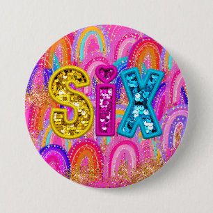 6th Birthday Rainbow Sequin Pink 7.5 Cm Round Badge