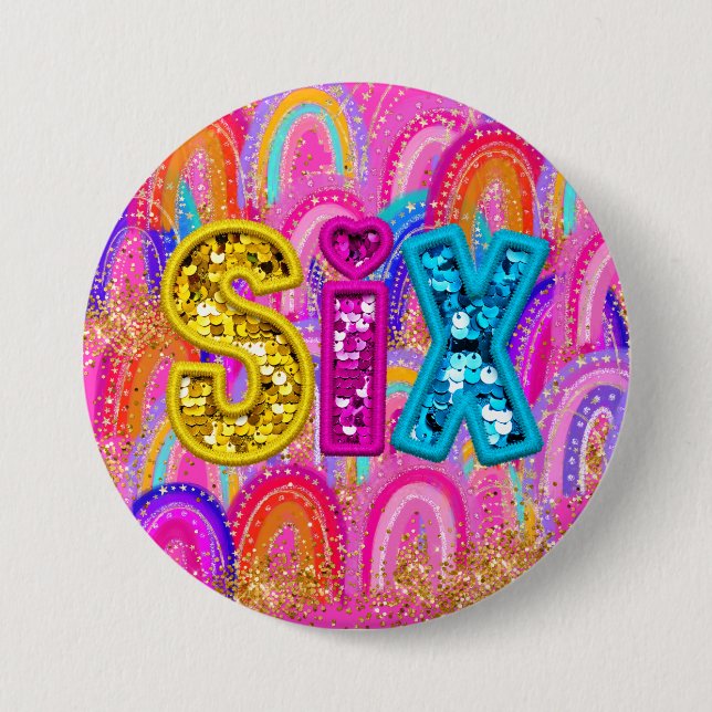 6th Birthday Rainbow Sequin Pink 7.5 Cm Round Badge (Front)