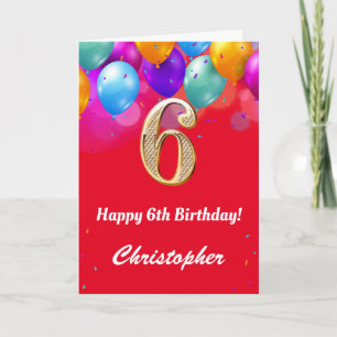 6th Birthday Red and Gold Colourful Balloons Card