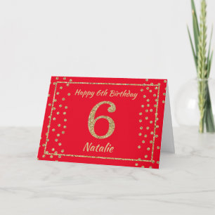 6th Birthday Red and Gold Glitter Confetti Card
