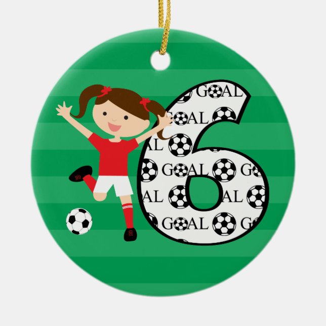 6th Birthday Red and White Soccer Girl 1 Ceramic Ornament (Front)