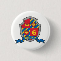 6th Birthday red blue knights shield age button