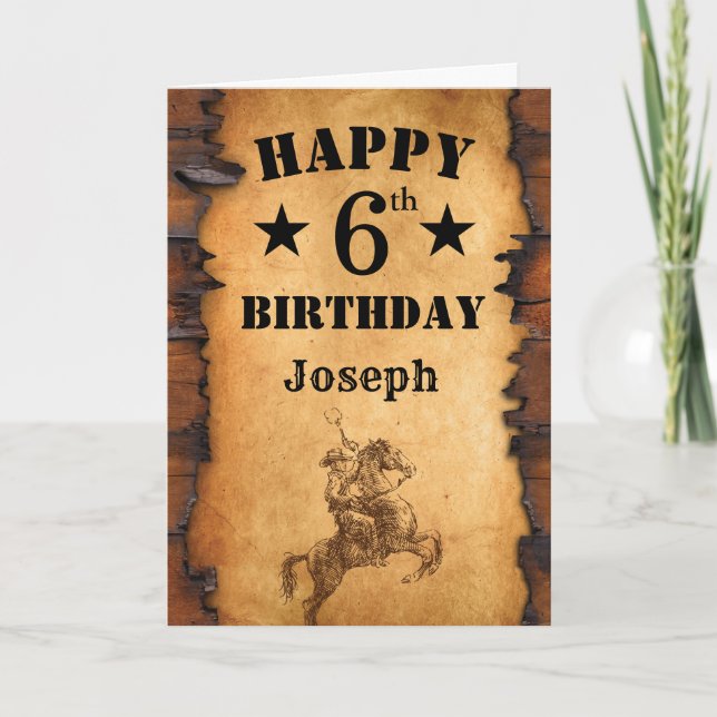 6th Birthday Rustic Country Western Cowboy Horse Card (Front)
