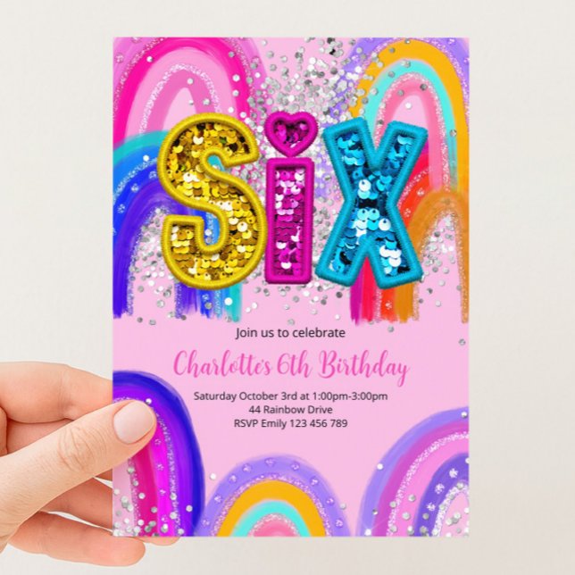 6th Birthday Sequin Rainbow Party Invitation (Creator Uploaded)