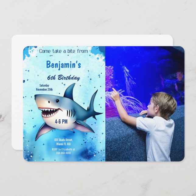 6th Birthday Shark Photo Invitation (Front/Back)