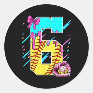 6th Birthday Softll Ice Cream Drip Bow 6 Years Kid Classic Round Sticker