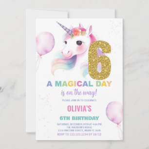 6th Birthday Unicorn Birthday Invitations