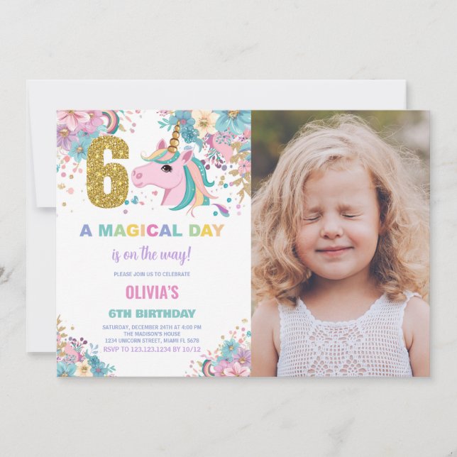 6th Birthday Unicorn Birthday Invitations photo (Front)
