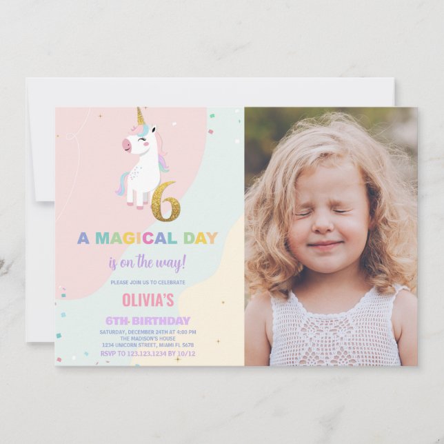 6th Birthday Unicorn Birthday Invitations w photo (Front)
