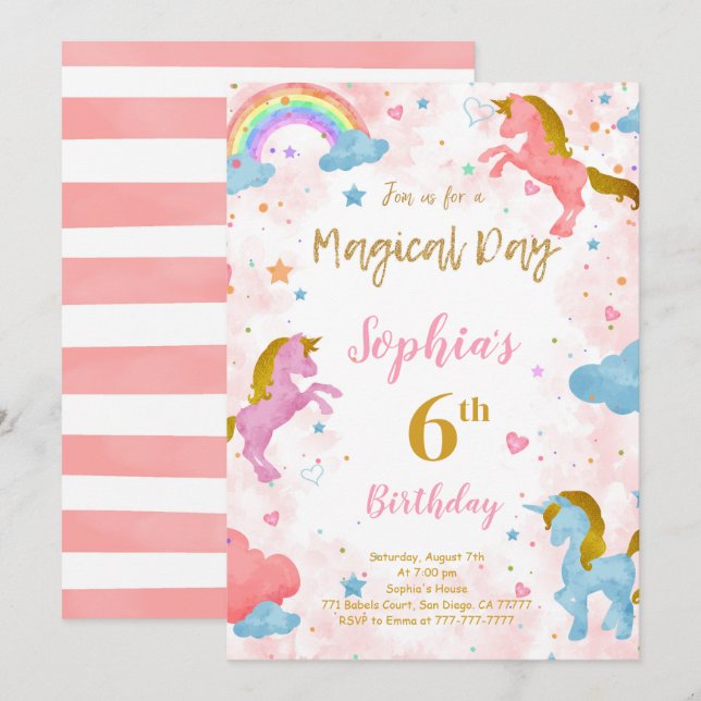 6th Birthday Unicorn Invitation (Front/Back)