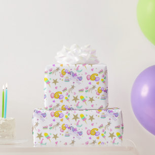 6th Birthday Unicorn Pattern White Wrapping Paper
