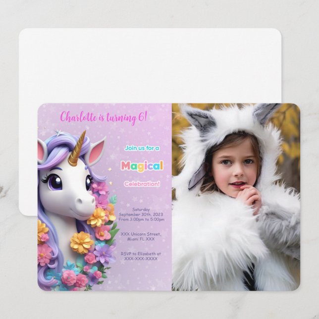 6th Birthday Unicorn Photo Invitation (Front/Back)