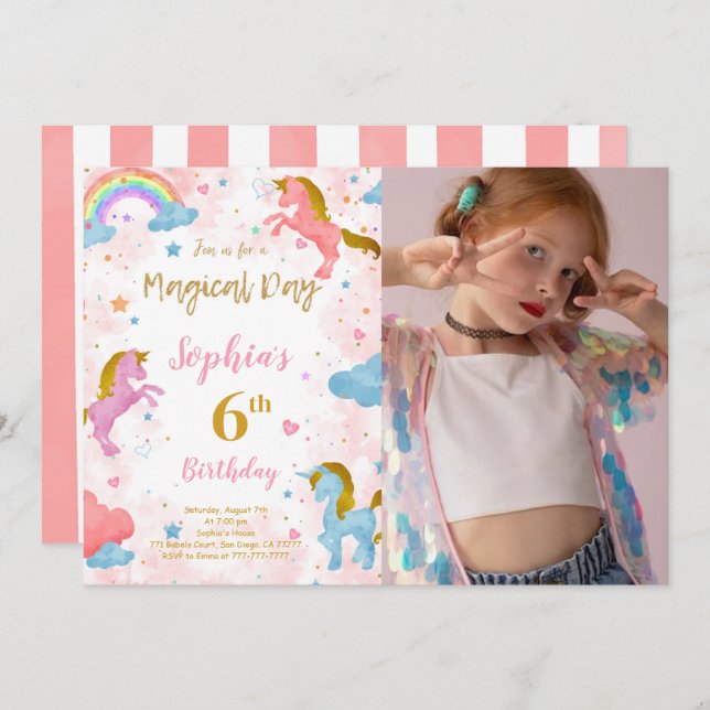 6th Birthday Unicorn Photo Invitation (Front/Back)
