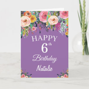 6th Birthday Watercolor Floral Flowers Purple Card