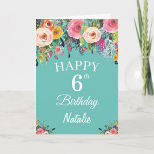 6th Birthday Watercolor Floral Flowers Teal Card