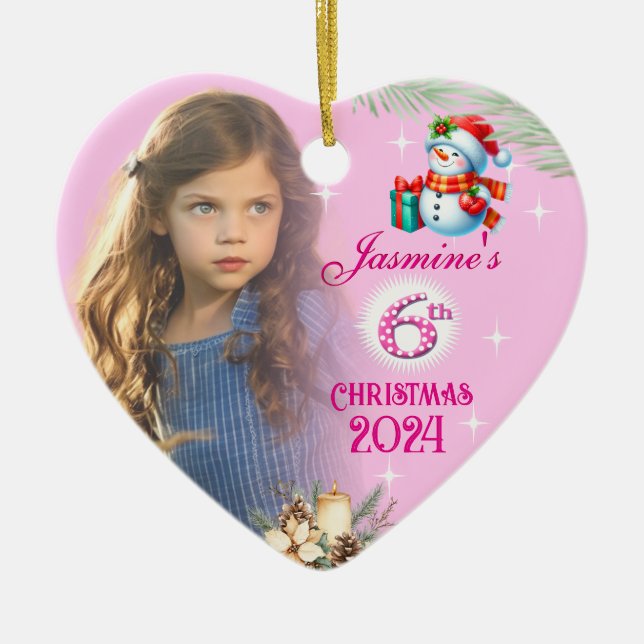 6th Christmas Personalized Girl Photo Heart Gift  Ceramic Ornament (Front)