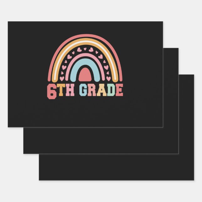 6th Grade Cute Rainbow Back To School Student Gift Wrapping Paper Sheet (Set)