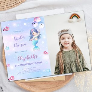 6th Mermaid Birthday Invitations with photo