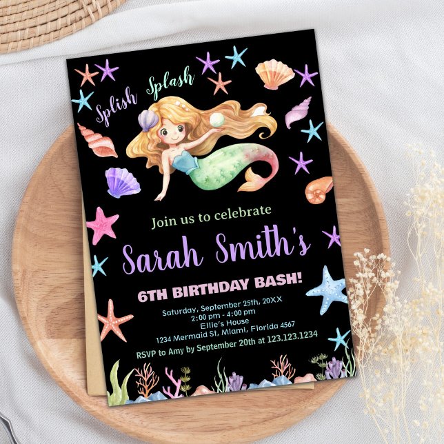 6th Purple Under the sea Mermaid Birthday Invitation (6th Purple Under the sea Mermaid Birthday Invitation)