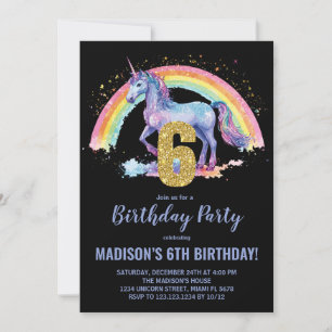 6th Rainbow Unicorn Birthday Invitations