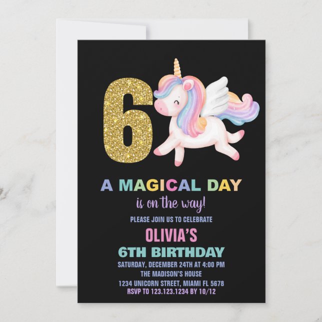 6th Rainbow Unicorn Birthday Invitations Black (Front)