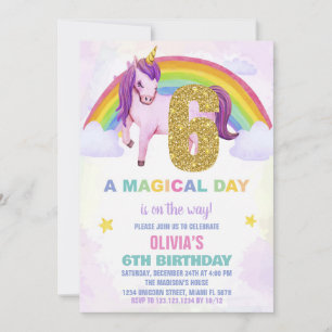 6th Rainbow Unicorn Birthday Invitations Cloud