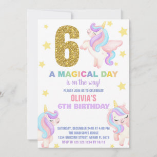 6th Rainbow Unicorn Birthday Invitations Fly