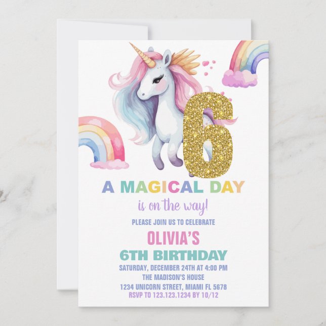 6th Rainbow Unicorn Birthday Invitations Glitter (Front)
