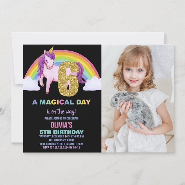 6th Rainbow Unicorn Birthday Invitations photo (Front)
