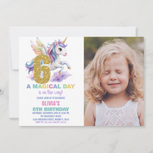 6th Rainbow Unicorn Birthday Invitations w photo
