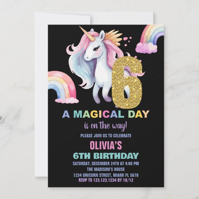 6th Rainbow Unicorn Birthday Invitations watercolo (Front)