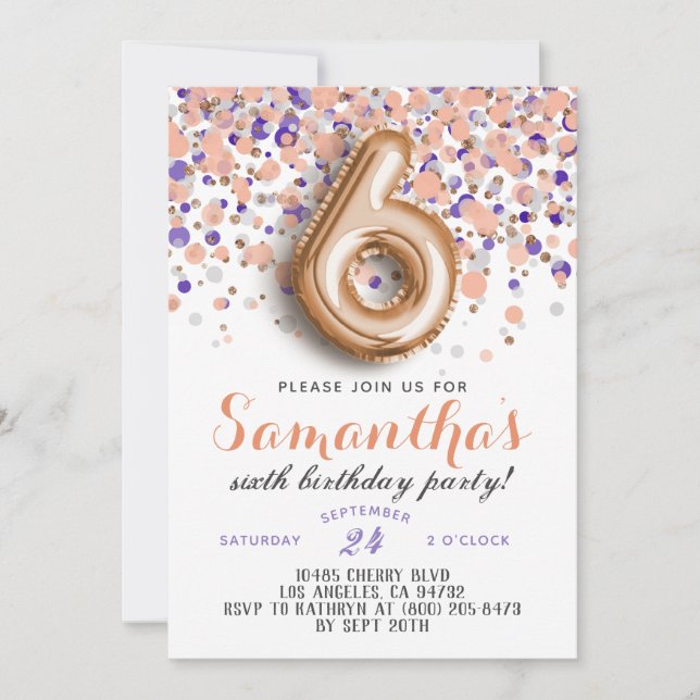 6th Rose Gold Birthday Invitation (Front)