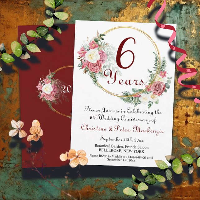 6th Sugar Wedding Anniversary Roses Gold Frame Invitation (Creator Uploaded)