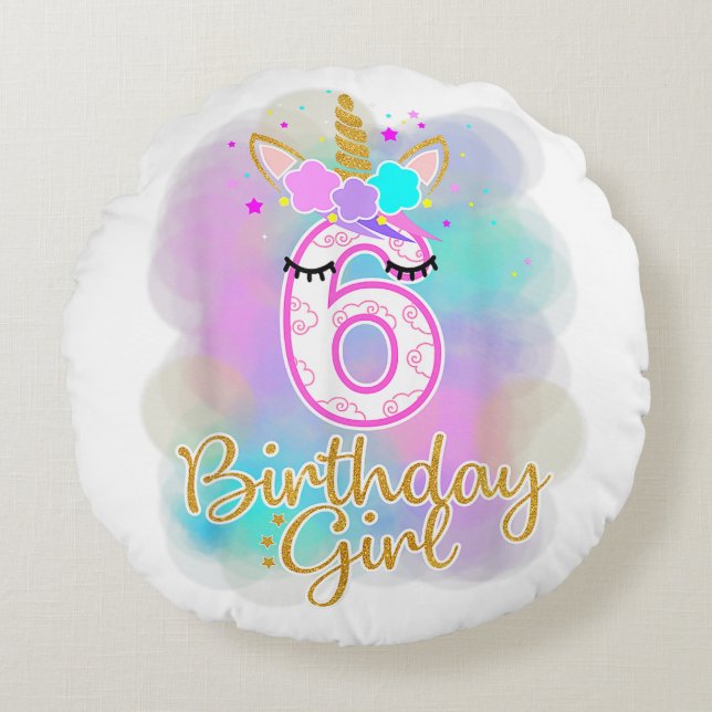 6th Unicorn Birthday girl six years old party gift Round Cushion (Front)