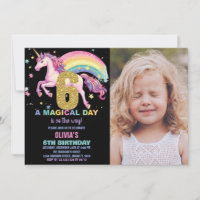 6th Unicorn Birthday Invitations Black with photo
