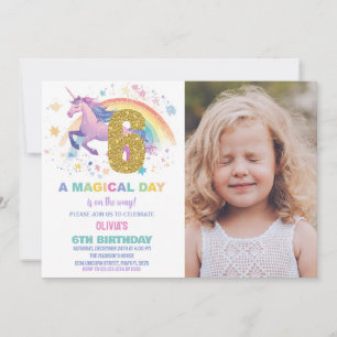 6th Unicorn Birthday Invitations with photo