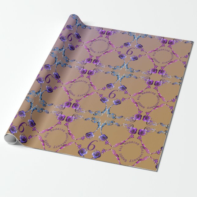 6th Wedding Anniversary Amethyst Roses Wrapping Paper (Unrolled)