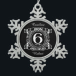 6th wedding anniversary distressed crest snowflake pewter christmas ornament<br><div class="desc">A design to celebrate your sixth year of marriage. This first wedding anniversary design has a distressed white crest,  with the text iron,  6 year ,  anniversary.  If you would like any help customising this design please contact me,  their is an ask this designer button,  just below this text.</div>