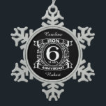6th wedding anniversary distressed crest snowflake pewter christmas ornament<br><div class="desc">A design to celebrate your sixth year of marriage. This first wedding anniversary design has a distressed white crest,  with the text iron,  6 year ,  anniversary.  If you would like any help customising this design please contact me,  their is an ask this designer button,  just below this text.</div>