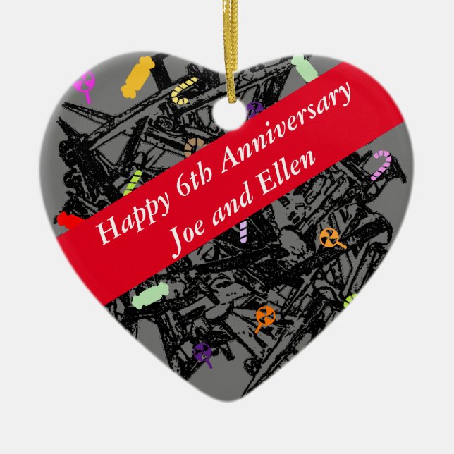 6th Wedding Anniversary, Nails and Candy, heart Ceramic Ornament (Front)