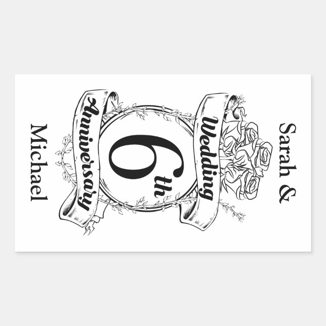 6TH Wedding Anniversary Roses Rectangular Sticker (Front)
