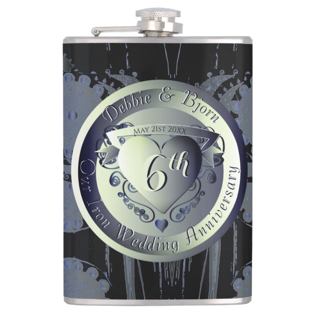 6th Wedding Anniversary Steampunk Iron Medallion  Hip Flask (Front)
