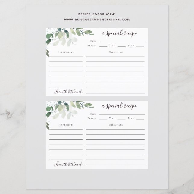 6x4 Eucalyptus Bridal Shower Recipe Card (Front)