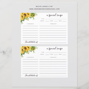 6x4 Sunflower Bridal Shower Recipe Card