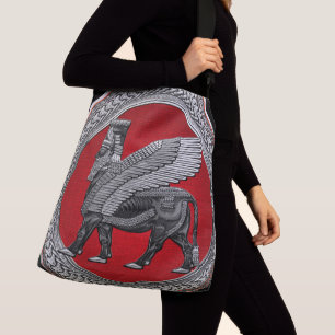 [700] Assyrian Winged Bull: Silver & Black Lamassu Crossbody Bag