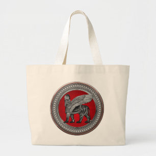[700] Assyrian Winged Lion: Silver & Black Lamassu Large Tote Bag