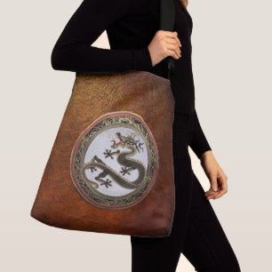 [700] Black and Gold Sacred Eastern Dragon Crossbody Bag