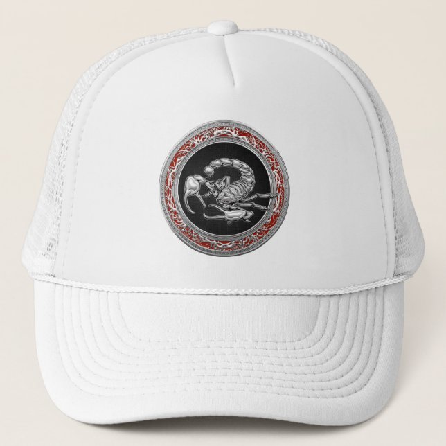 [700] Sacred Silver Scorpion on Black Trucker Hat (Front)