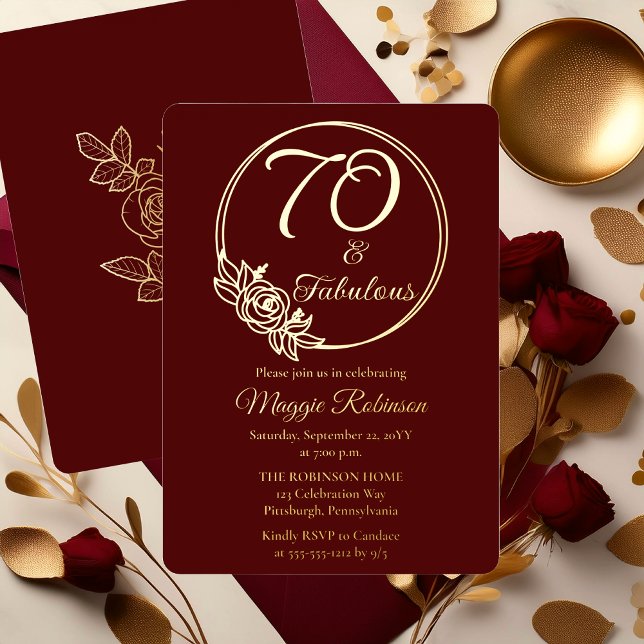 70 and Fabulous 70th Birthday Party Stamped (Elegant Rose Wreath 70 and Fabulous 70th Birthday Party Burgundy Stamped Gold Foil Invitation )